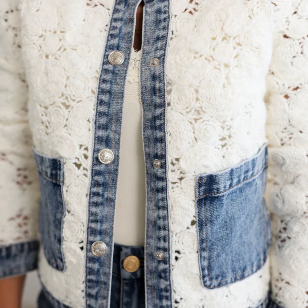 Sz M🇨🇦⭐️NWT Tribal Crochet Lace Denim-Trim Jacket - Picture 2 of 13